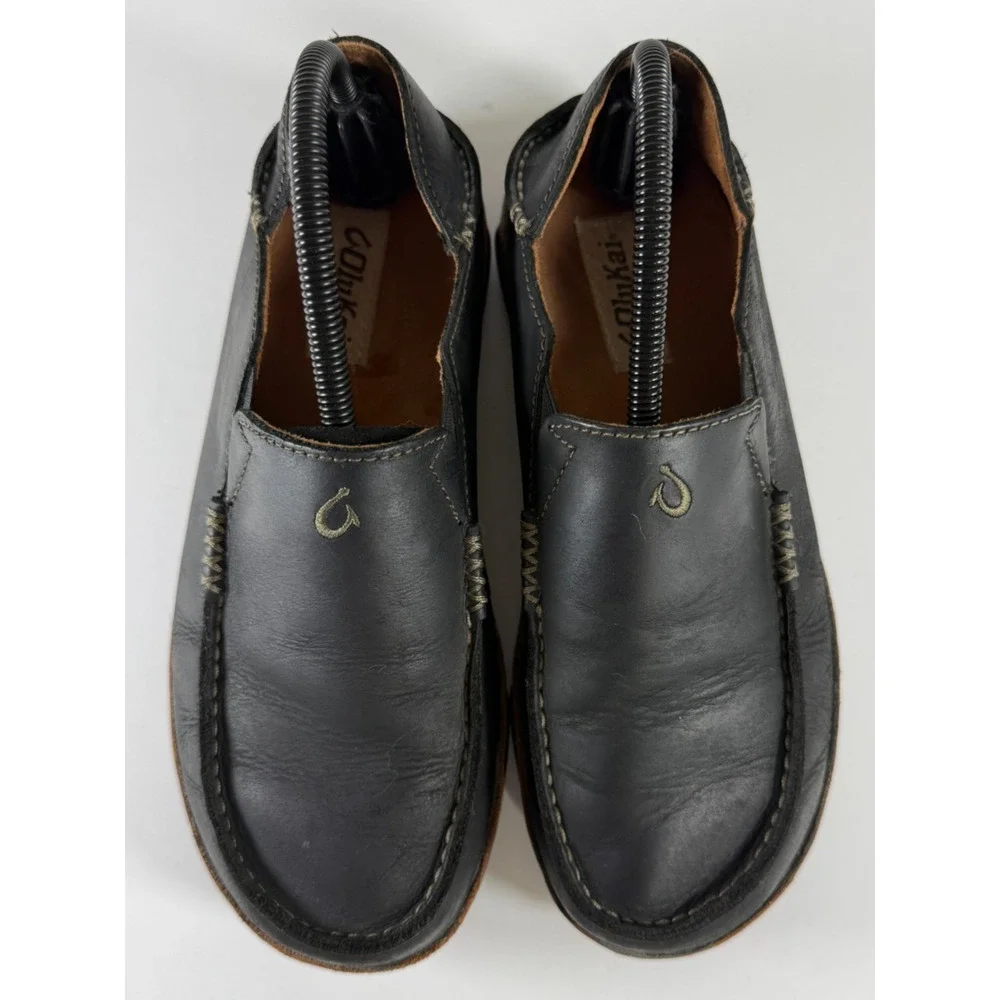 OluKai Moloa Men's 8 Black Toffee Leather Slip On Loafers 10128-4033